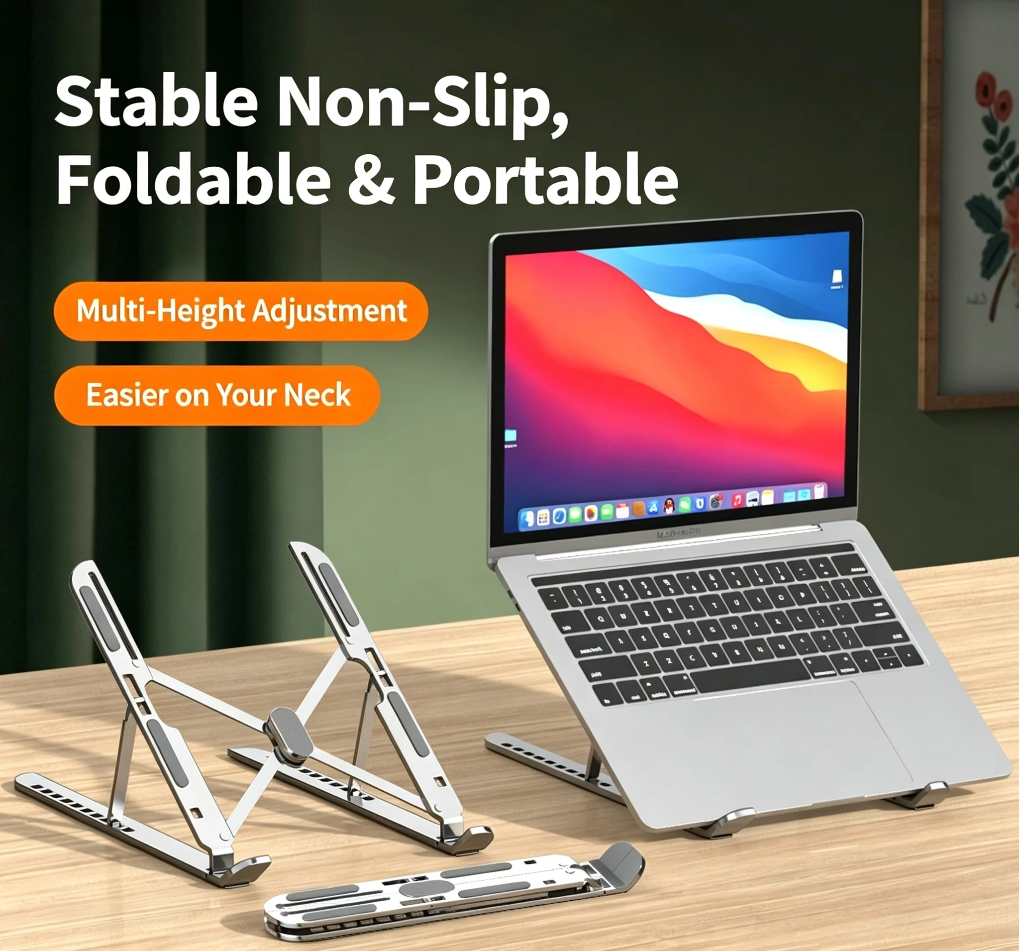 Aluminum Laptop Stand, 10-Level Adjustable Notebook Riser, Foldable Portable Holder with Heat Vent for MacBook