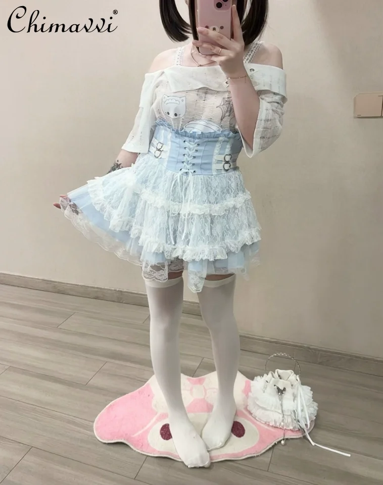 

Original 2025 New Japanese Style Lace Trim Tie Leather High Waist Skirt Mine Series Sweet Girl Lady Temperament Princess Skirt