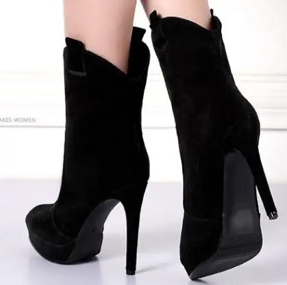 

New Fashion Thin High Heel Women's Ankle Boots with Platform Leather Boots Anti Fur Boots Pointed Toe Black