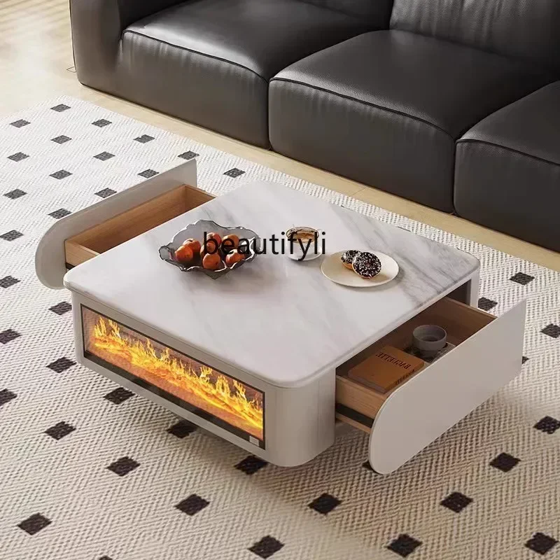 

yj7 T New, coffee table cream style square rotating fireplace living room modern simple designer heating table