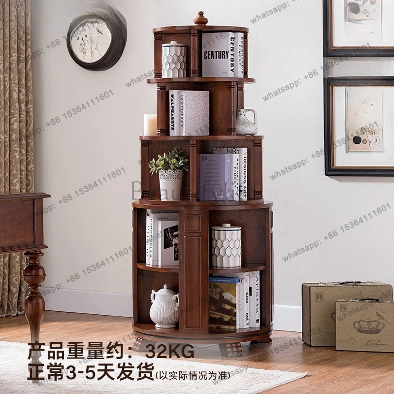 American all-solid wood European rotating bookshelf 360-degree floor bookcase display shelf