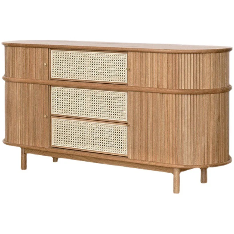 

Japanese-style solid wood rattan dining side cabinet Small apartment retro household rolling shutter porch side