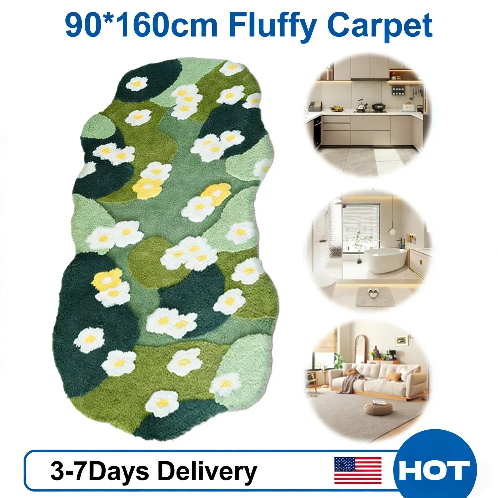 

Green Forest Irregular Moss Green Rug 3D Flocking Fluffy Plush Non-Slip Machine Washable Bedroom Floor Mat Home Decor