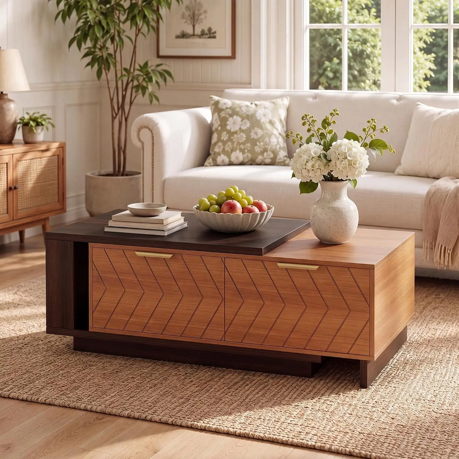Extendable Coffee Table with Storage & 2 Drawers, Mid Century Modern Wooden Living Room Center Table, 42