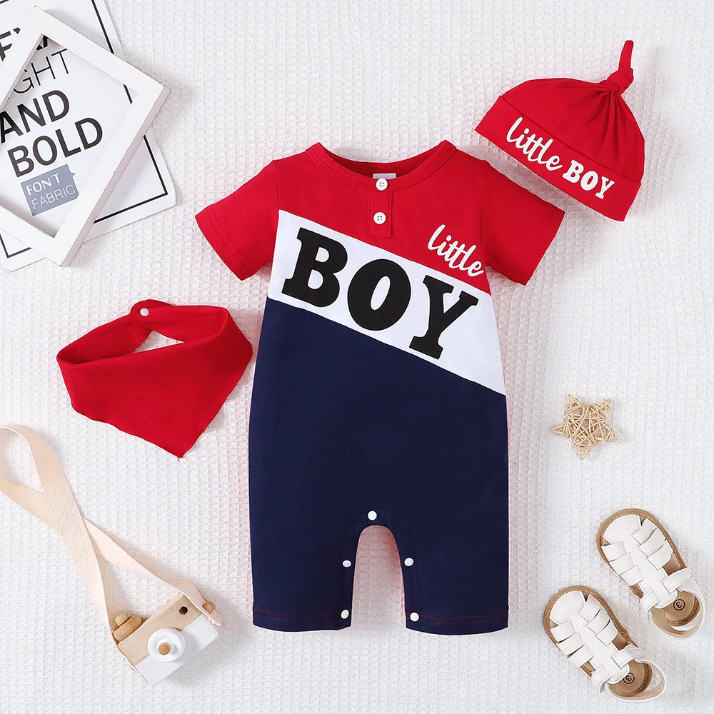 LAPA 0-12M Three-Piece Outfit Baby Boys Casual Short Sleeve Contrast Color Romper+Hat+Bibs Sets Summer New Infant Baby Clothes