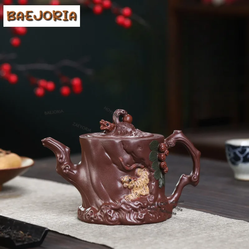 455ml Boutique Yixing Purple Clay Teapots Handmade Stump Pot Raw Ore Purple Mud Kettle Zisha Tea Set Collection Ornaments Craft