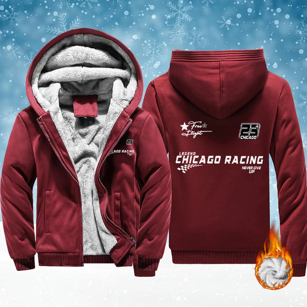 

Мужские флисовые мягкие куртки с принтом Chicago Racing Never Give Up, утепленная теплая верхняя одежда, зимняя удобная толстовка с карманами на молнии, Veste