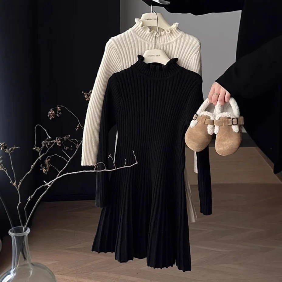 

YBFSKID, весна 2026, детское платье с длинными рукавами для девочек, детское платье в рубчик с рюшами и воротником для девочек, вязаное платье принцессы средней длины для девочек