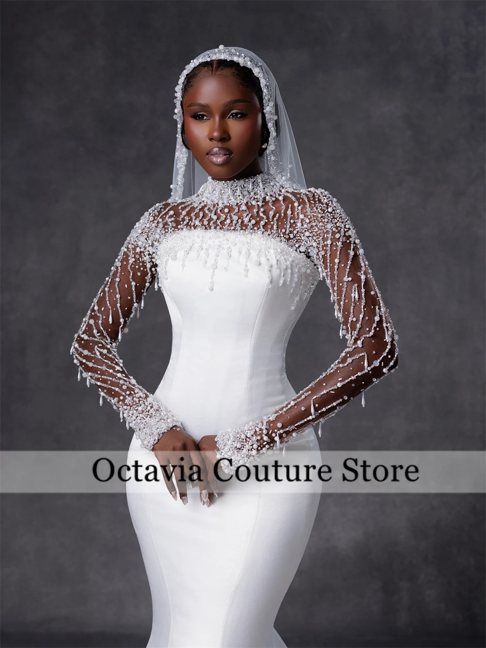 Stunning High Neck Full Sleeves Peal Beaded Mermaid Wedding Drsses Sweep Train Custom Made 2024 Vestido De Noival