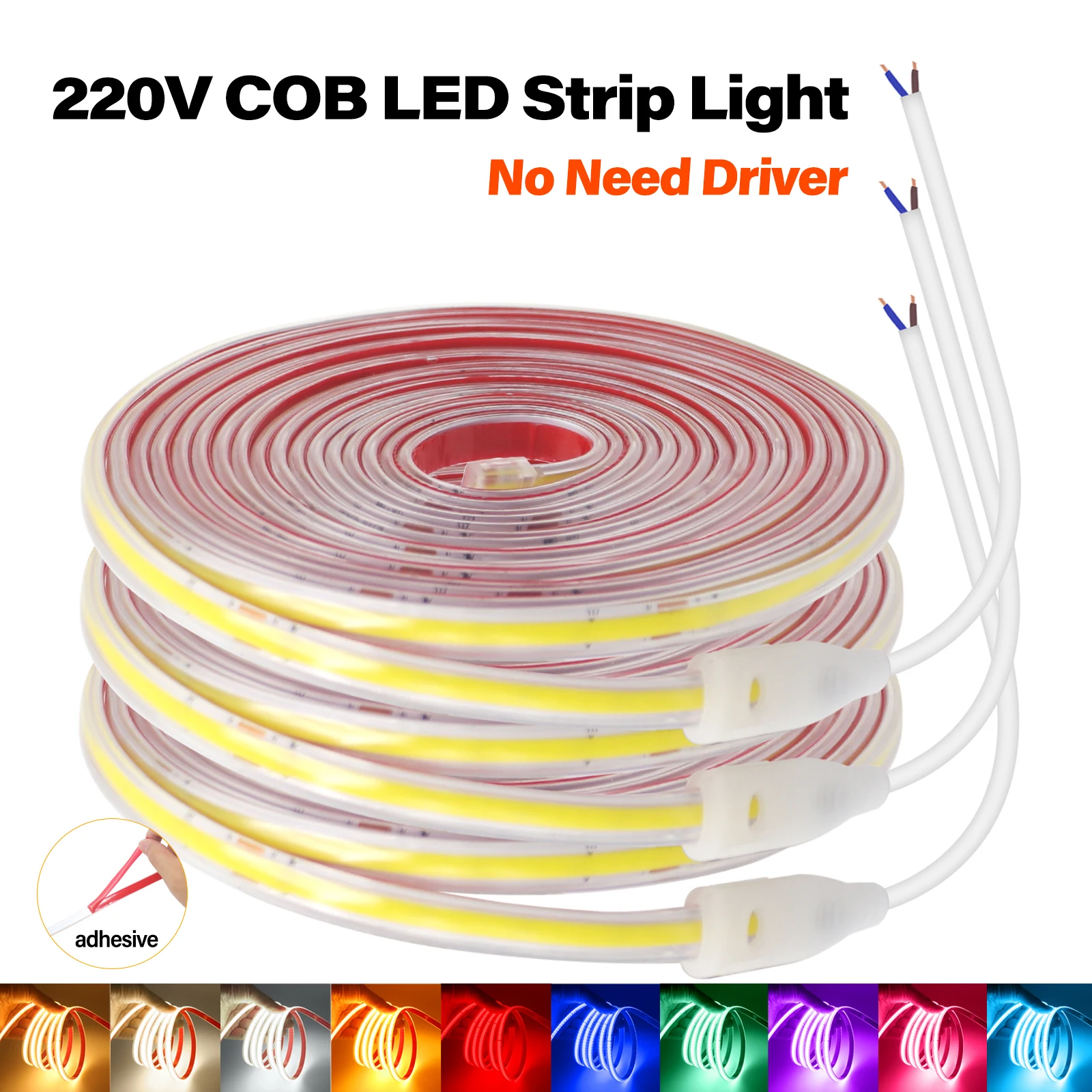 220V COB LED Strip 240LEDs/m High Brightness Waterproof Flexible Ribbon No Need Driver Adhesive Tape for Room Kitchen Outdoor