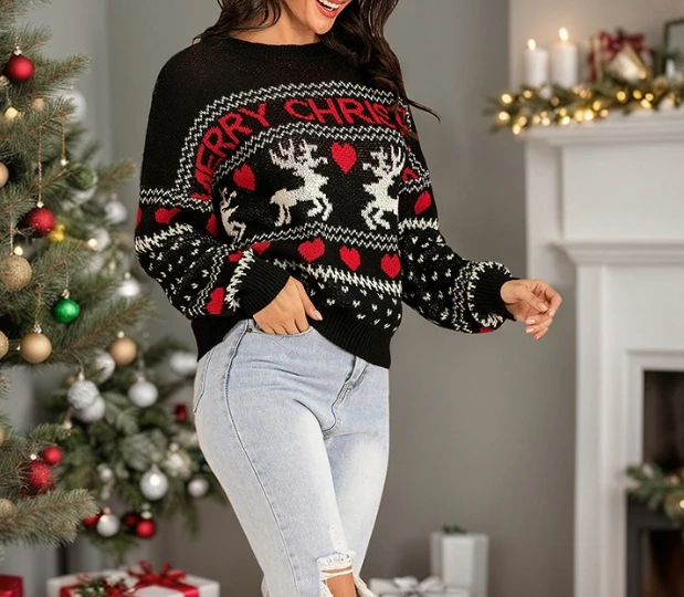 Little deer jacquard pullover knitted sweater for women