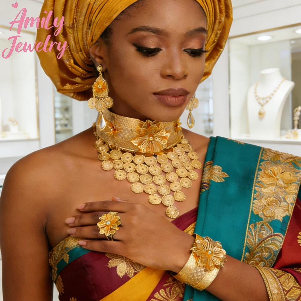 

Drop Earrings Middle East Jewelry Set Women Gold Color Necklace Bangles Ring Earring Jewelry Sets Wedding Party Fashion Designs
