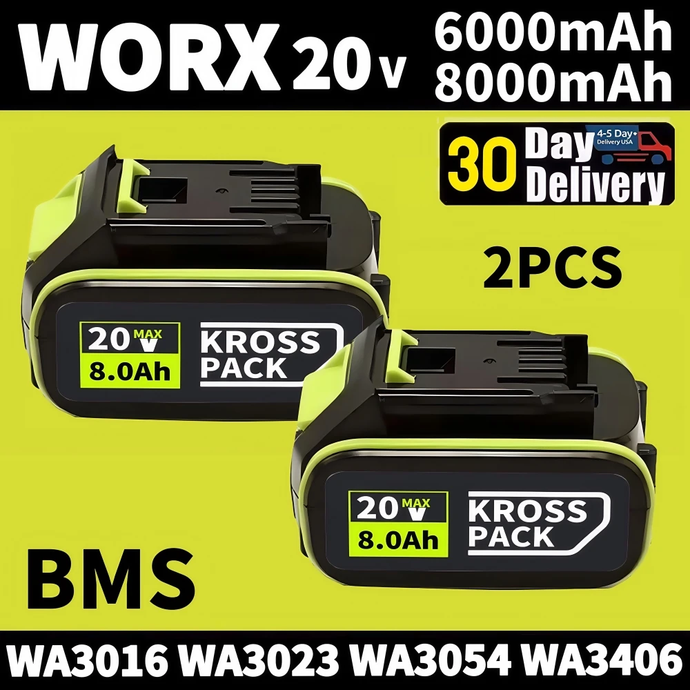 20V 6.0Ah & 8.0Ah WA/WX Tools Battery, 3H Fast Charge with LED Display & 5 Protections, Compatible WA3016/WA3023/WA3054