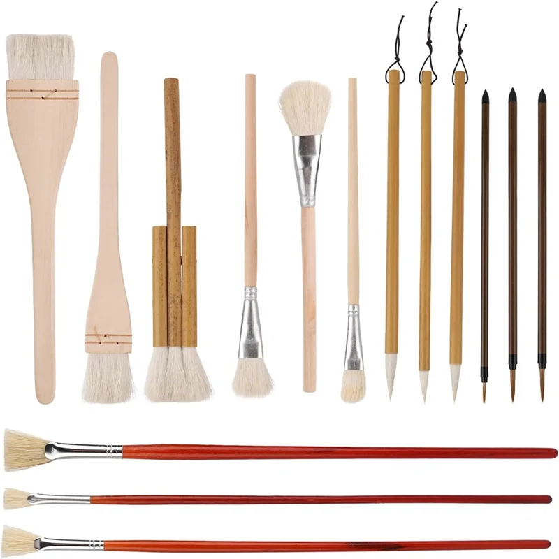 AK51- Brushes Set,15Pcs Wooden Acrylic Paintbrushes Pottery Glaze Tool Supplies Art Accessorie For Watercolor Painting