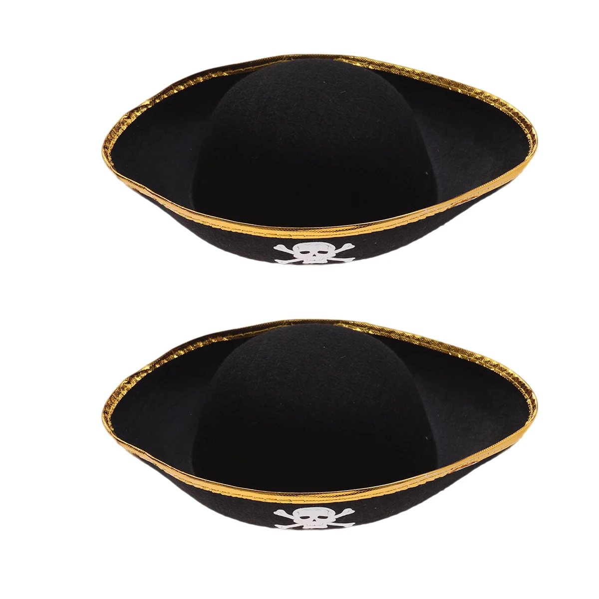 2Pcs Skull Printed Felt Hat Golden Rim Pirate Triangular Cap Halloween Cosplay Party Costume Accessory Man Woman DIY Costumes