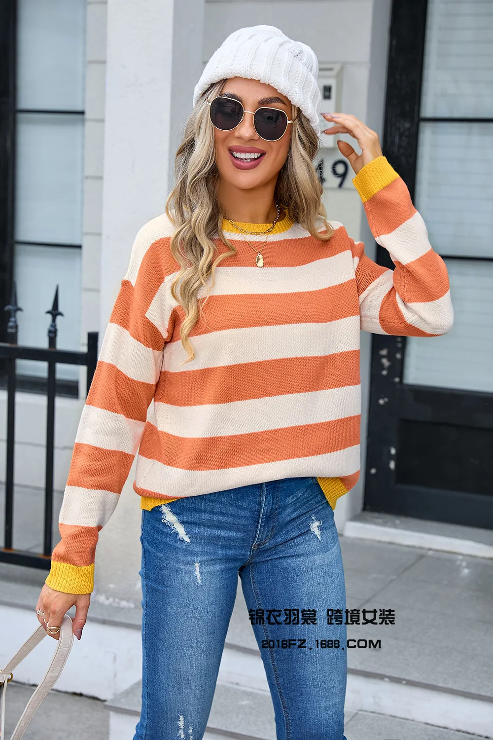 

Женский осенний женский костюм Sueter Feminino, модный свободный полосатый принт, офисный универсальный пуловер, свитер De Mujer