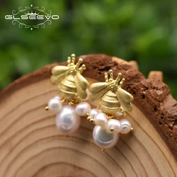 GLSEEVO Natural Freshwater Pearl Bee Drop Earrings For Women Anniversary Handmade Personalized Style Jewelry GE0990C