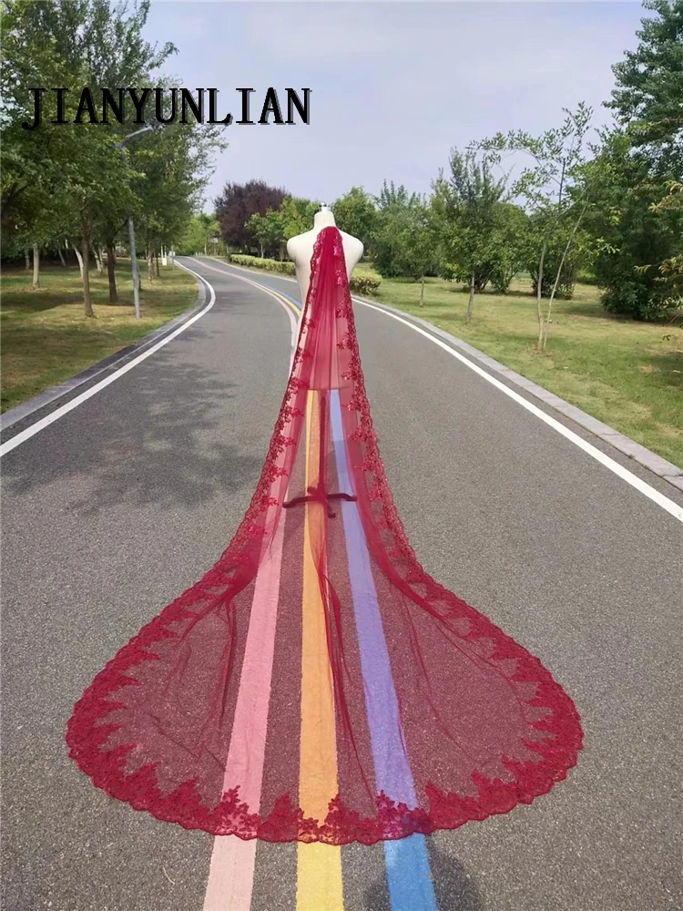 Customized New Burgundy 3M 4M Bling Sequins Lace Long Cathedral Wedding Veil Colorful Bridal Veil with Comb