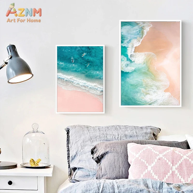 AZNM Pink Sand Beach Ocean Landscape Canvas Wall Art Aerial Sea Wave Palm Tree Coastal Tropical Modern Bedroom Unframed Home Dec