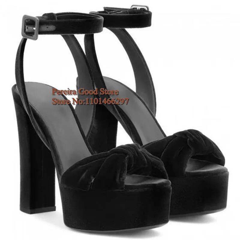 Hot Selling Chunky Heels Sandals Ankle Strap High Platform Peep Toe Dress Shoes Brown Red Black Velvet Sqaure Heels Dress Shoes - view 2