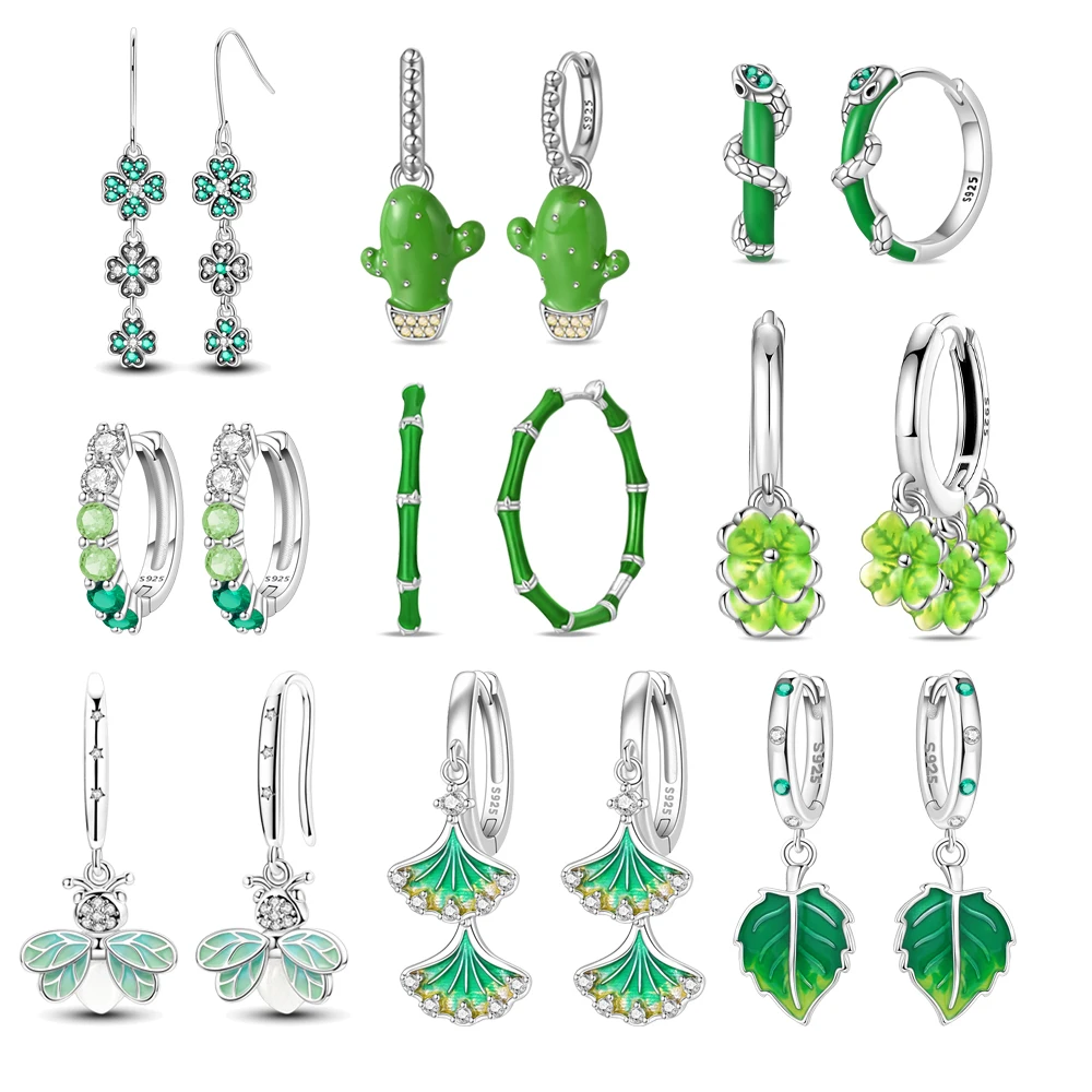 

Green Series 925 Sterling Silver Ginkgo Leaf Four-Leaf Clover Cactus Beads Firefly Earrings Lucky Fresh Gift To A Friend