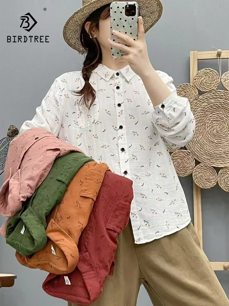 

New 2025 Autumn Cotton Yarn Long Sleeve Shirt, Women Turn-down Collar Print, Mori Girl Sweet Prairie Chic Loose Blouse T58022CC