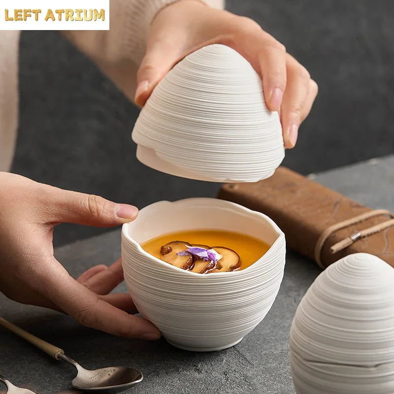 Line pattern ceramic egg cup, health small stew cup, high-end hotel restaurant creative commercial egg-shaped l, steamed egg