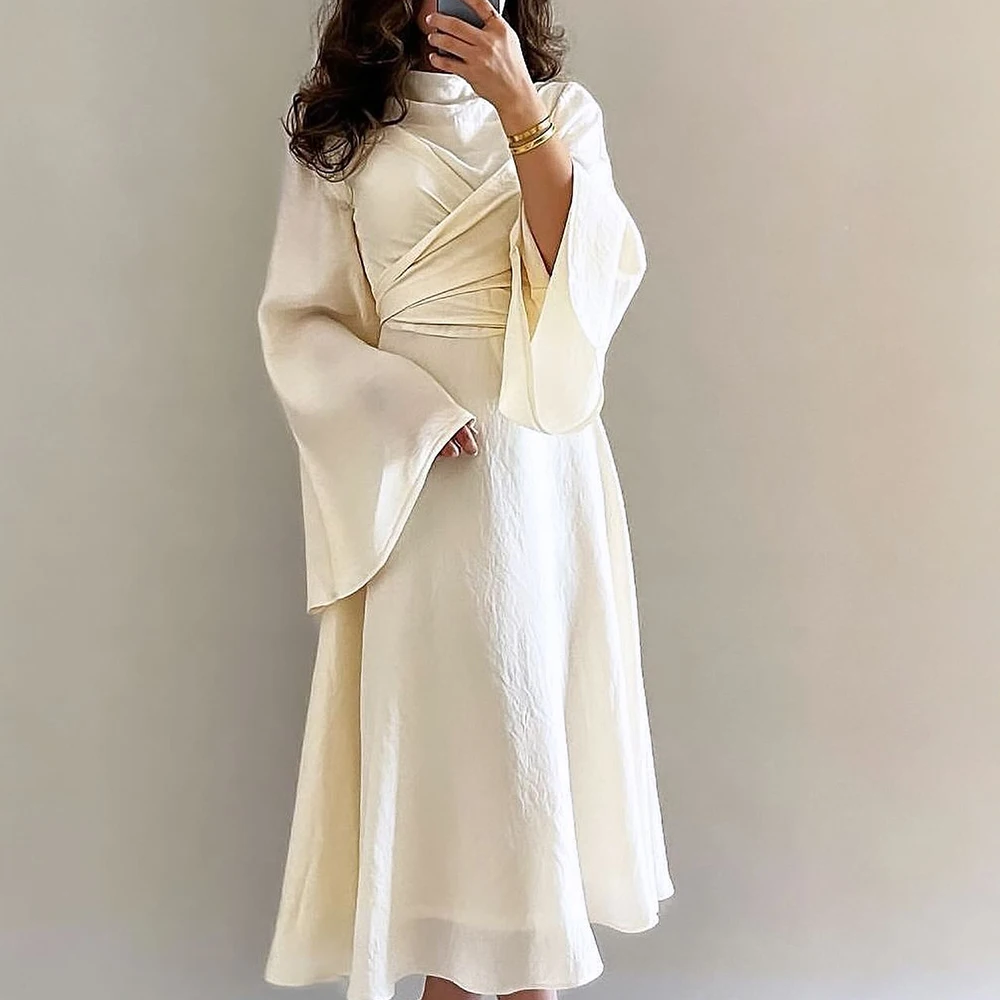 

Jersey Long Sleeves Straight Saudi Evening Dresses Elegant Boat Neck Tea Length Pleats Dresses For Formal Occasions Classic 2024