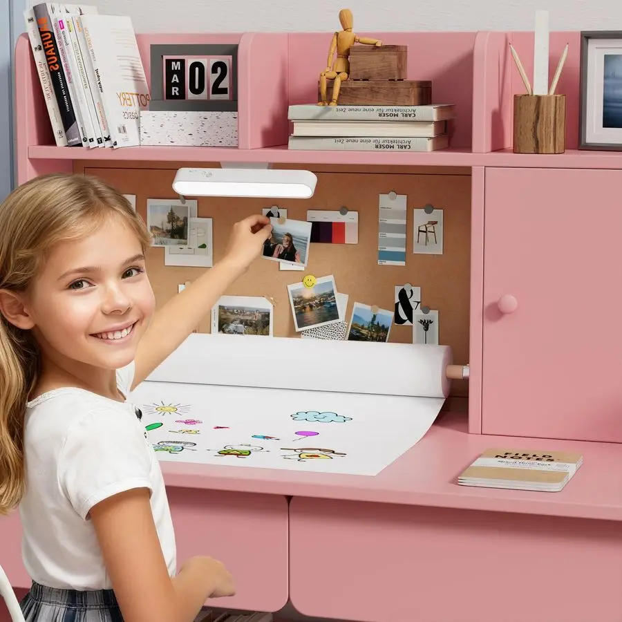 Wooden Kids Study Desk and Chair Set, Childrens Desk with Light and Paper Roll Rack, 2 Drawers,Storage Cabinets and 3 Storage Op
