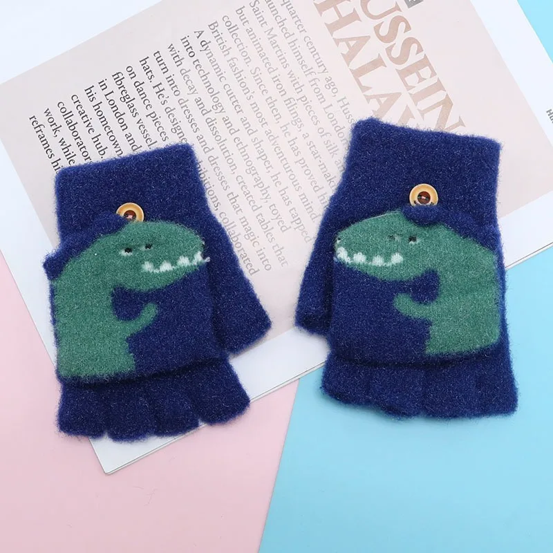 Kids 4-12T Winter Flip Top Mittens Warm Fleece Lined Fingerless Gloves Cartoon Penguin Rabbit Robot Pattern Kids Accessories