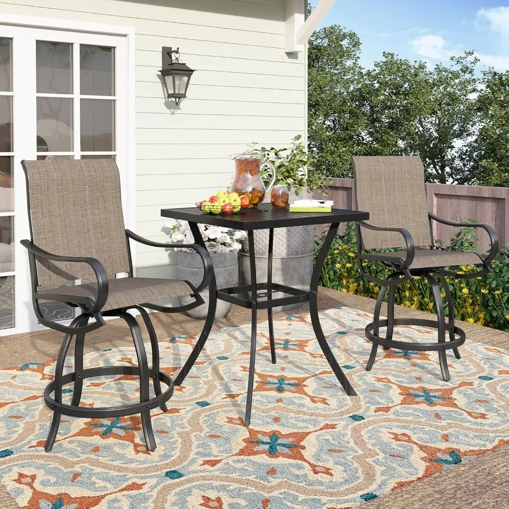 

3 Piece Outdoor Bar Set, Counter Height Patio Bar Bistro Table and Swivel Bar Stools Chairs with All Weather Brown Textilene