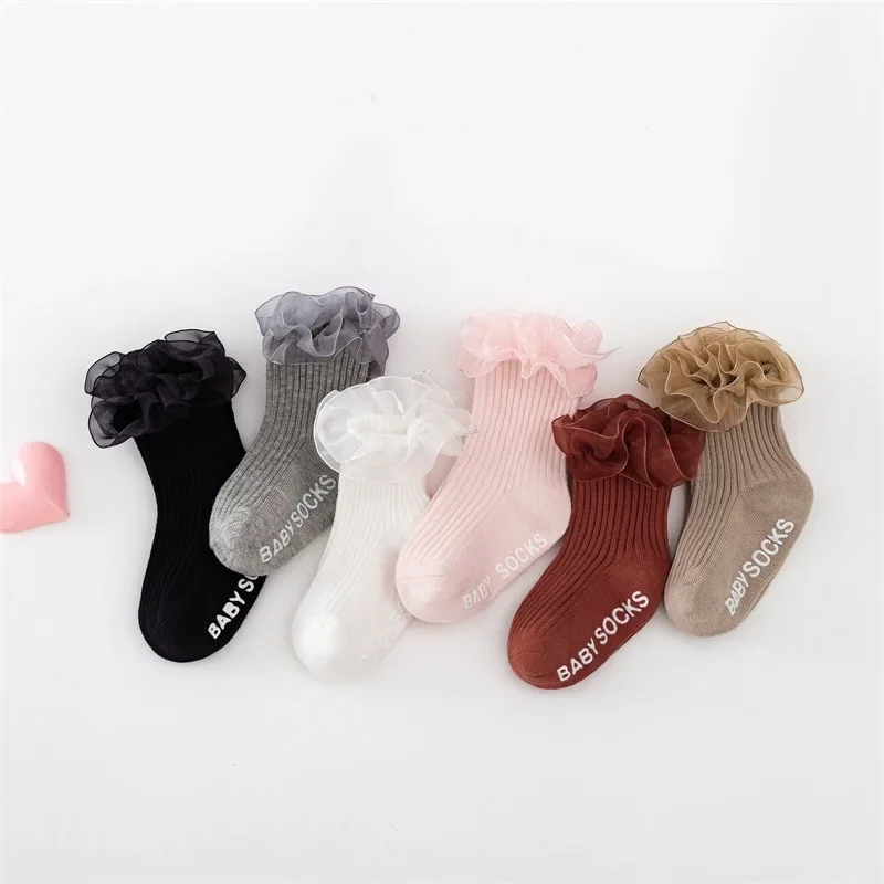 Vintage Double Layers Lace Socks Newborn Baby Girl Solid Color Medium Tube Socks Cotton Anti-slip Toddler Kids Floor Socks