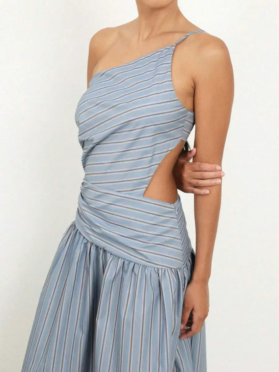

Asymmetric One Shoulder Striped Midi Dress With Cutout Detail For Summer