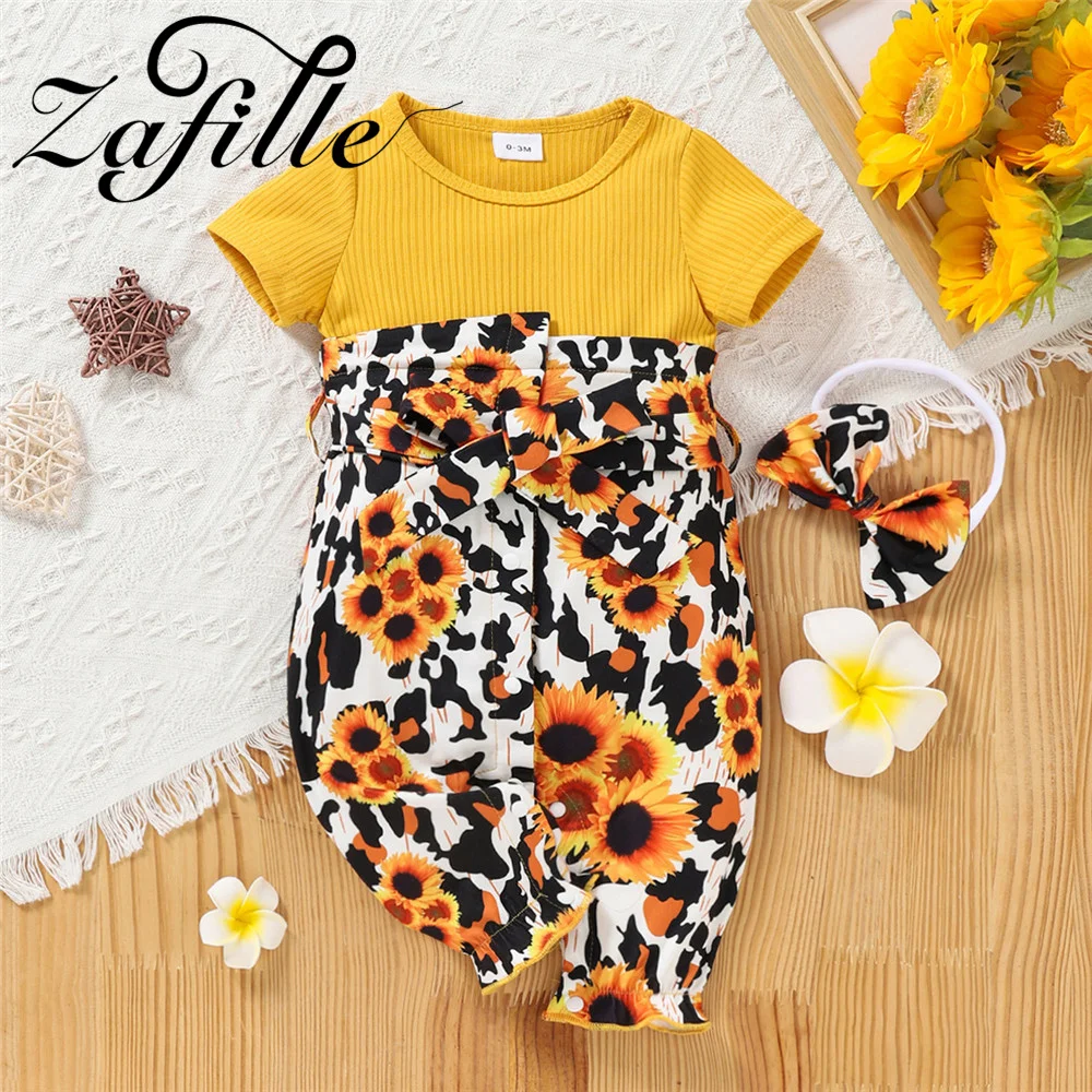 

ZAFILLE 0-18M Newborn Jumpsuit Patchwork Baby's Rompers Sunflowers Outfits Summer Kids Toddler Girls Clothes Set Children Suits