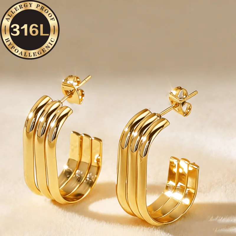 Hypoallergenic stainless steel Golden earrings, hemisphere three-wire close-fitting oval, gold and silver two-color optional