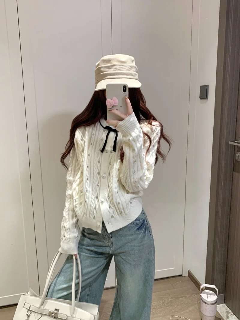 

Женский повседневный кардиган Kumikumi с узлами и стразами, весенний, мягкий, нежный, бежевый, модный, с инкрустацией бриллиантами