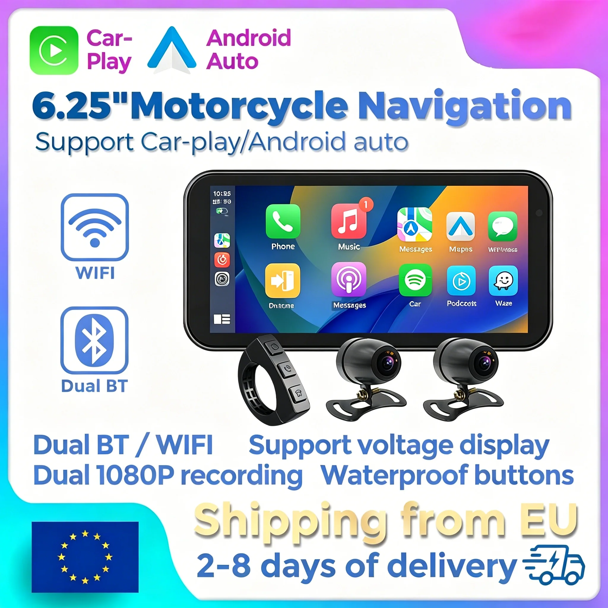 MEKEDE 6,25 Zoll CarPlay Motorrad-DVR Navigation GPS Kabelloses CarPlay Android Auto IPX7 Wasserdichter Bildschirm Tragbarer Moto-Monitor WIFI Dual-BT-Kamera-Rekorder