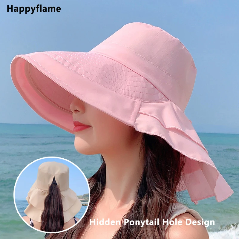 Women Bow-knot Lightweight Bucket Hats Fashion Hidden Ponytail Hole Big Brim Hat Anti-UV Sun Hats Beach Neck Guard Fisherman Hat