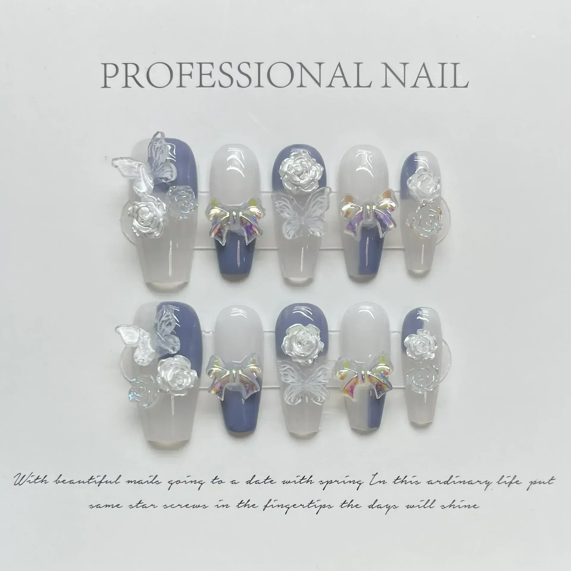 

10Pcs Aurora Handmade Press On Nails Butterfly Flower Wearable False Nails Ballet Decoration Profession Full Cover Nail Tips Art