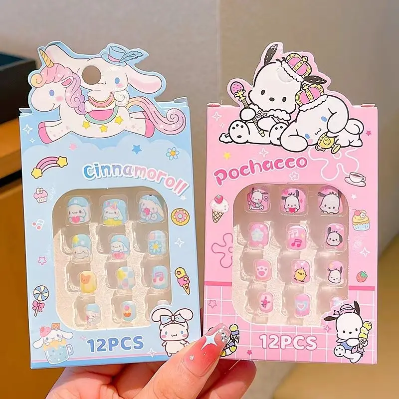12 قطعة سلسلة سانريو للأطفال أظافر وهمية جميلة للأطفال ملصقات أظافر رائعة لطيف كورومي بلدي ميلودي اضغط على الأظافر #6