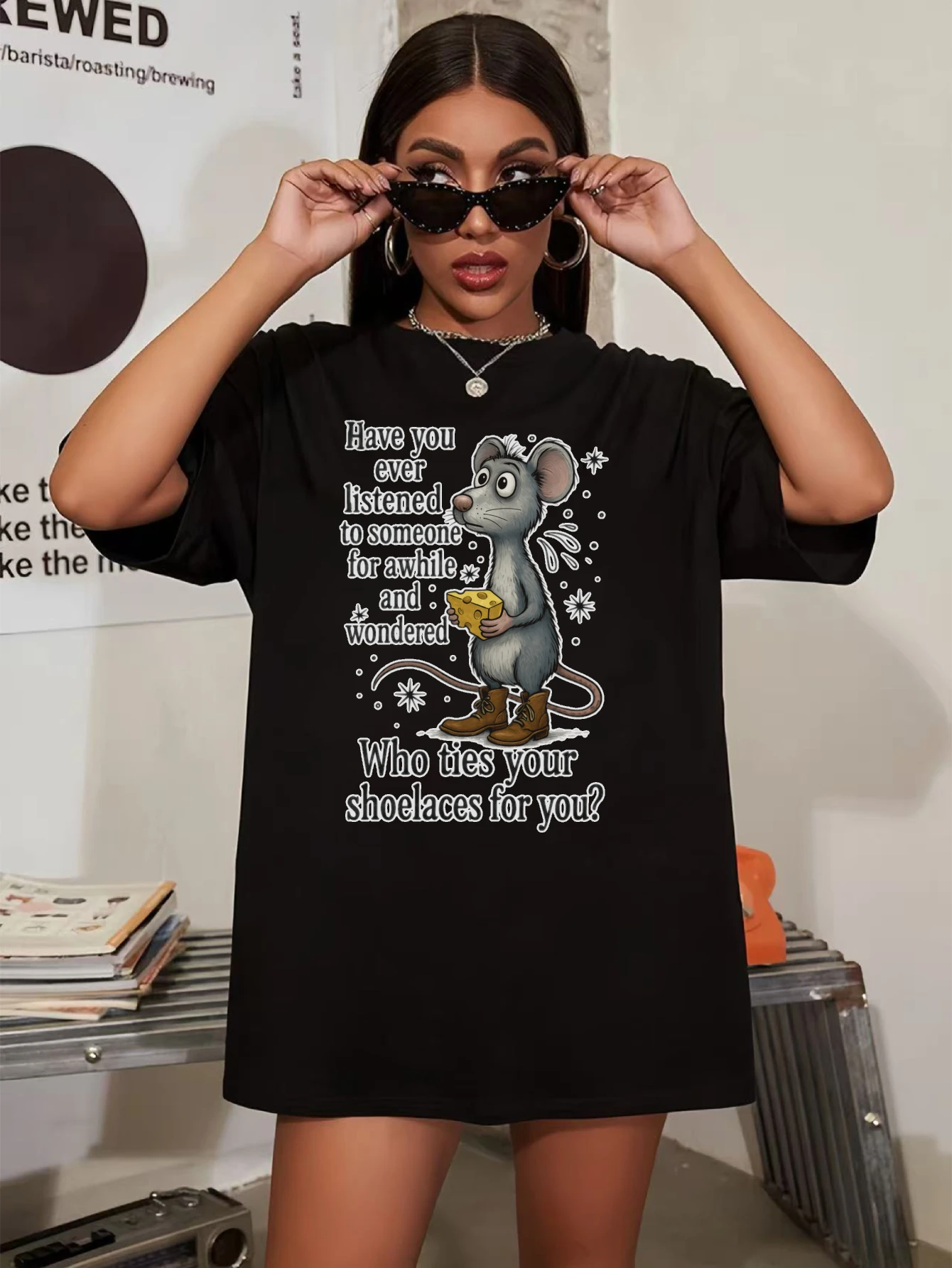 

Женская черная рубашка с круглым вырезом Funny Mouse, удобная мягкая осенняя одежда больших размеров, мягкая праздничная футболка на Хэллоуин