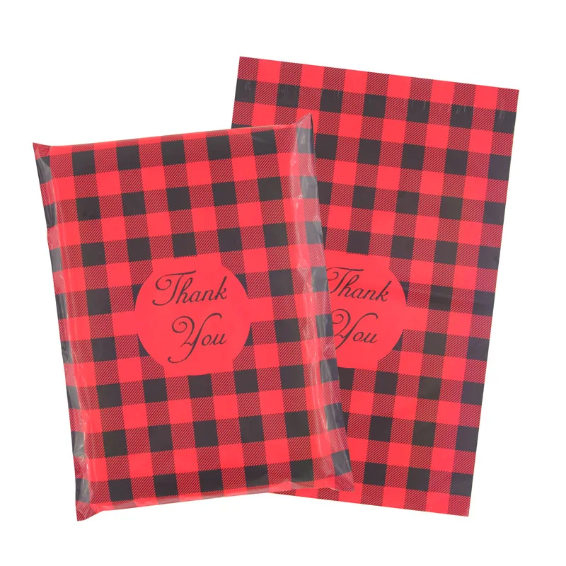 10x13 inch Thank You Shipping Bag Red and Black Plaid Courier Envelope Self Seal Mailing Bags Express Packing Bag Pouches 100Pcs