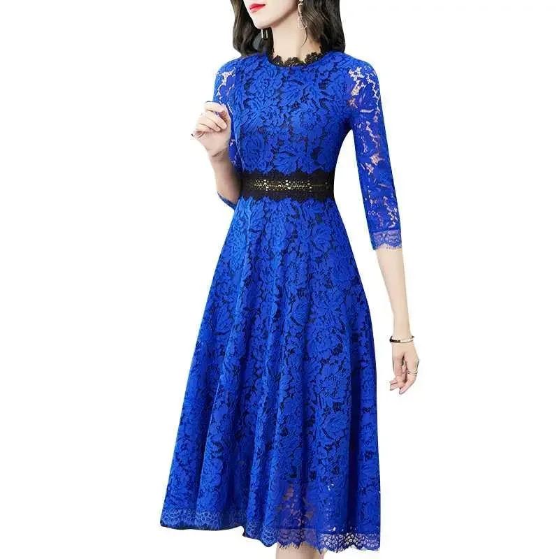 

2023 Crochet Hollow Out Lace New Autumn Women Fashion Three Quarter Sleeve Slim Waist Casual Party Midi Dress