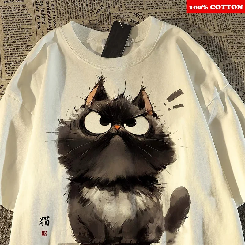 Cute Cartoon Cat Print T-shirt Women Men Summer 2025 New 100% Cotton Short sleeve T-shirt Casual Y2k Tops Youth kawaii clothing