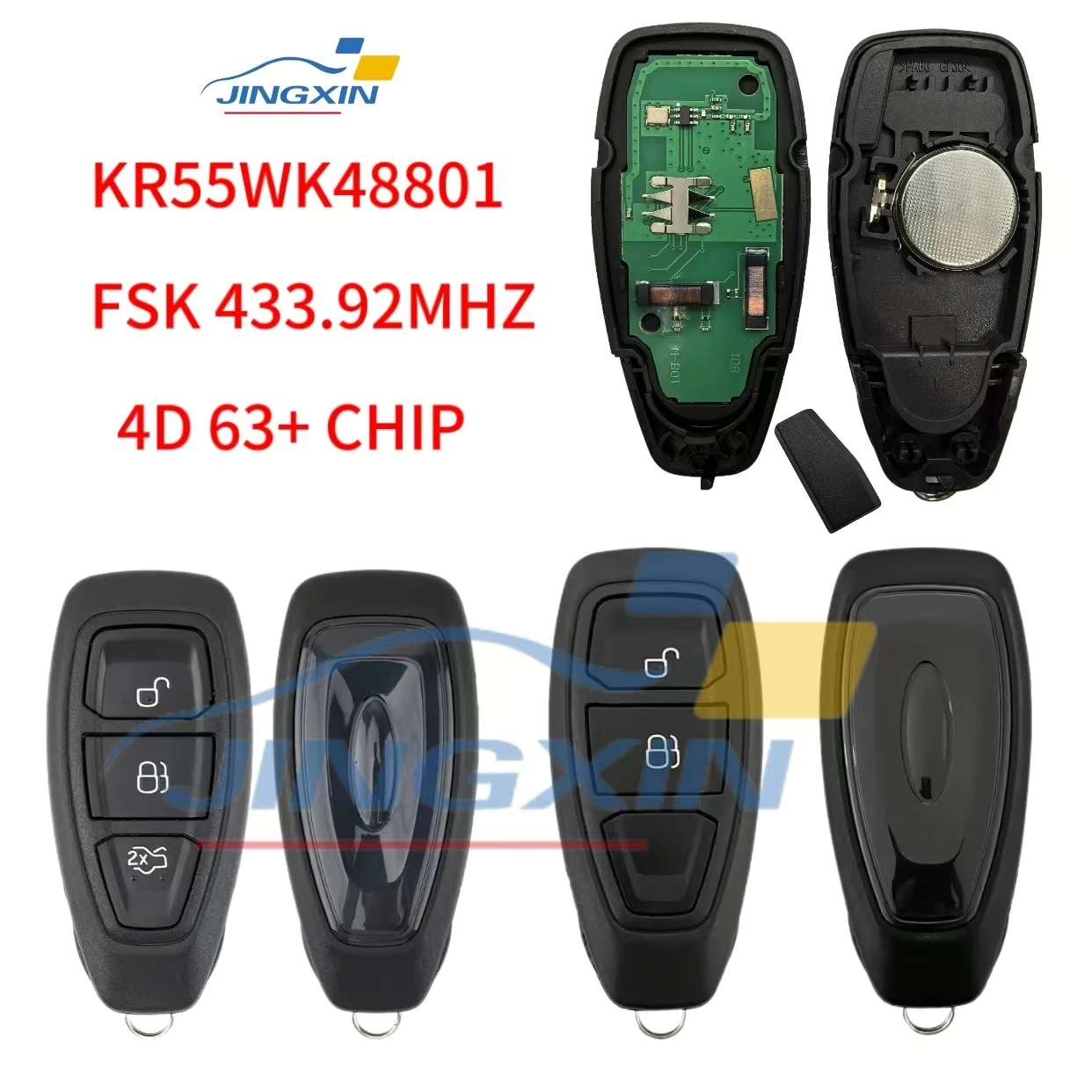 Jingxin Car Remote Key For Ford Focus Fiesta C-Max Mondeo Ecosport Galaxy Kuga Smart Keyless 2/3Buttons ID63+ 433MHz KR55WK48801