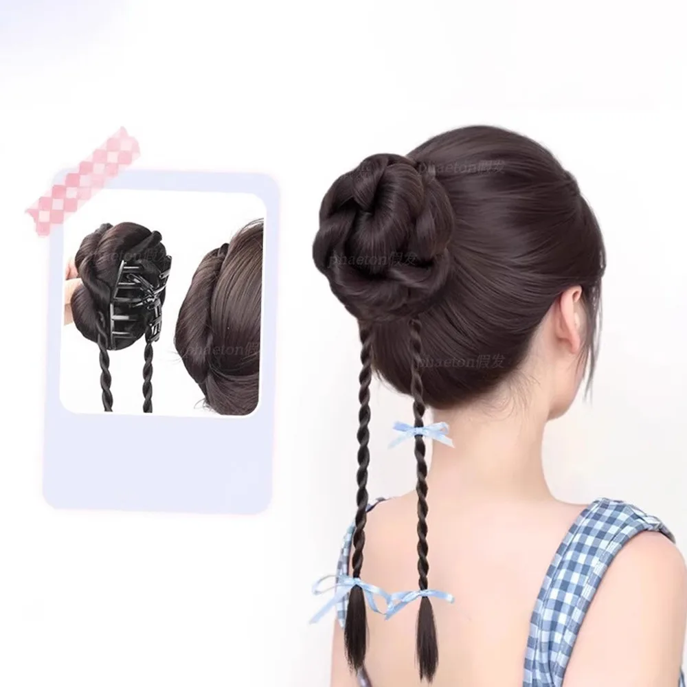 45 cm Nastro Bowknot sintetico Testa di polpette Parrucca Barba di drago Clip Ragazza Dolce Bocciolo di fiore Doppia trecce intrecciate Estensione dei capelli