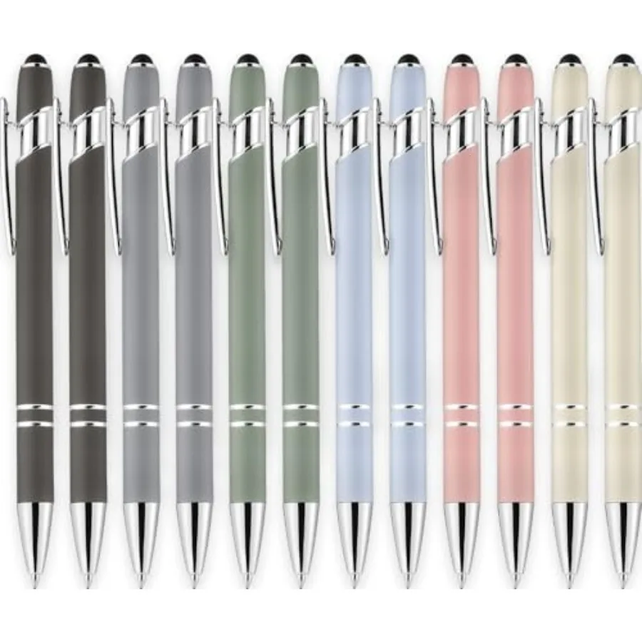 

12 Pack Morandi Ballpoint Pen with Stylus Tip, 1.0 mm Black Ink Smooth Writing Pens, Metal Stylus Pens for Touch Screens
