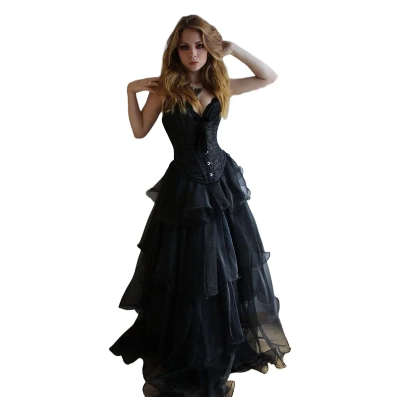 Corset Black Prom Dresses For Women Tiered Strapless Long Gothic Wedding Dress Sweetheart Neck Customized