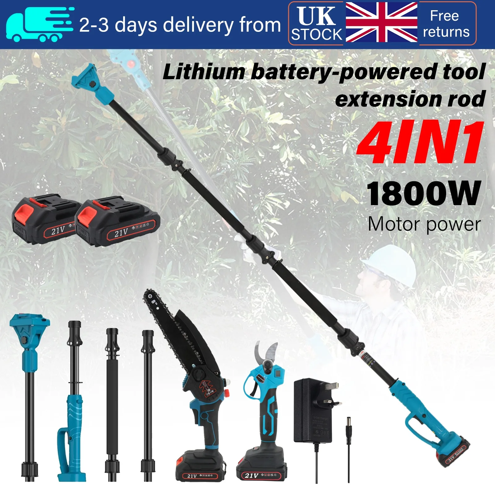 4 in 1 Electric Cordless Telescopic Pole Chainsaw, 16ft Long Extendable Brushless Chainsaw with 4 Batteries