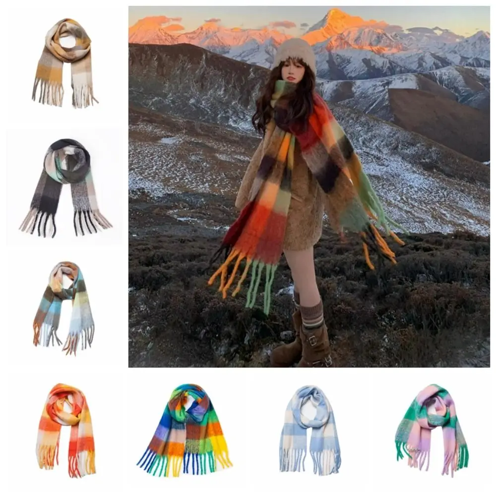 

Simple Tassel Plaid Wool Scarf Plush Rainbow Color Long Shawl Korean Style Scarves Cashmere Shawl Cape Wraps Women/Men